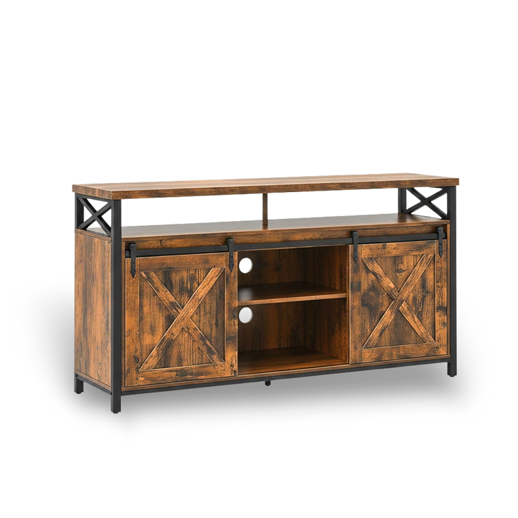 65 inch TV stand with brown wood and black metal frame, adjustable shelves, and barn-door style sliding panels.