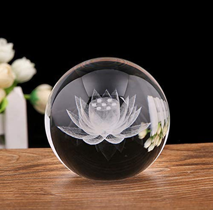 Crystal 2.4 Inch (60Mm) Carving Lotus Crystal Ball with Sliver-Plated Flowering Stand,Fengshui Glass Ball Home Decoration