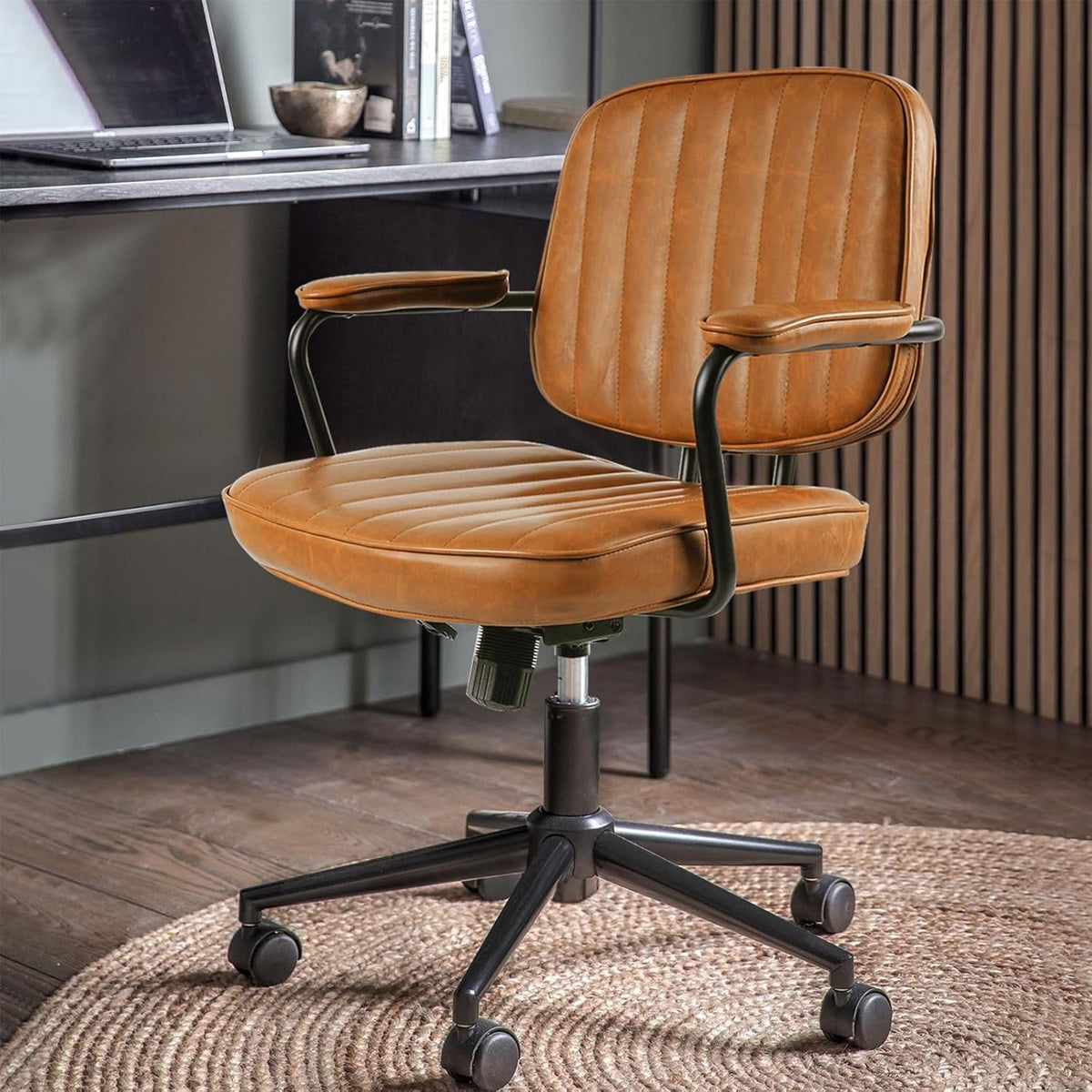 Brown Desk Chair With Wheels and Adjustable Armrests