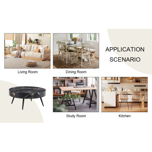 Round Marble Top Cocktail Table, 31.5 Inch Black Finish