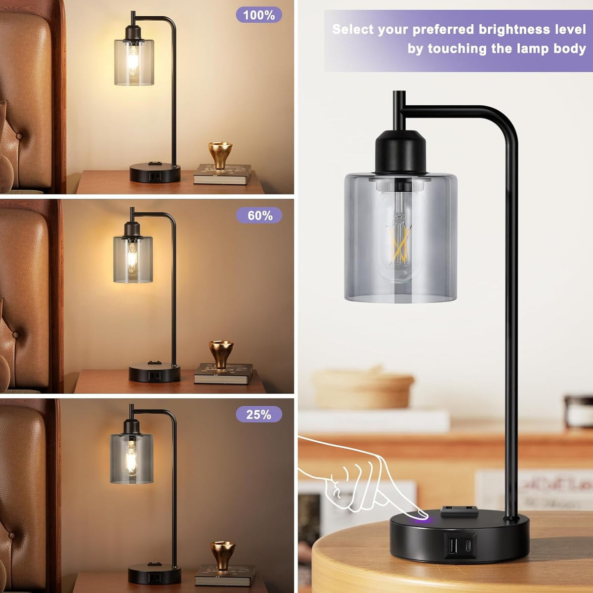 Gray Glass Table Lamps Set of 2 With USB, 3-Way Dimmable