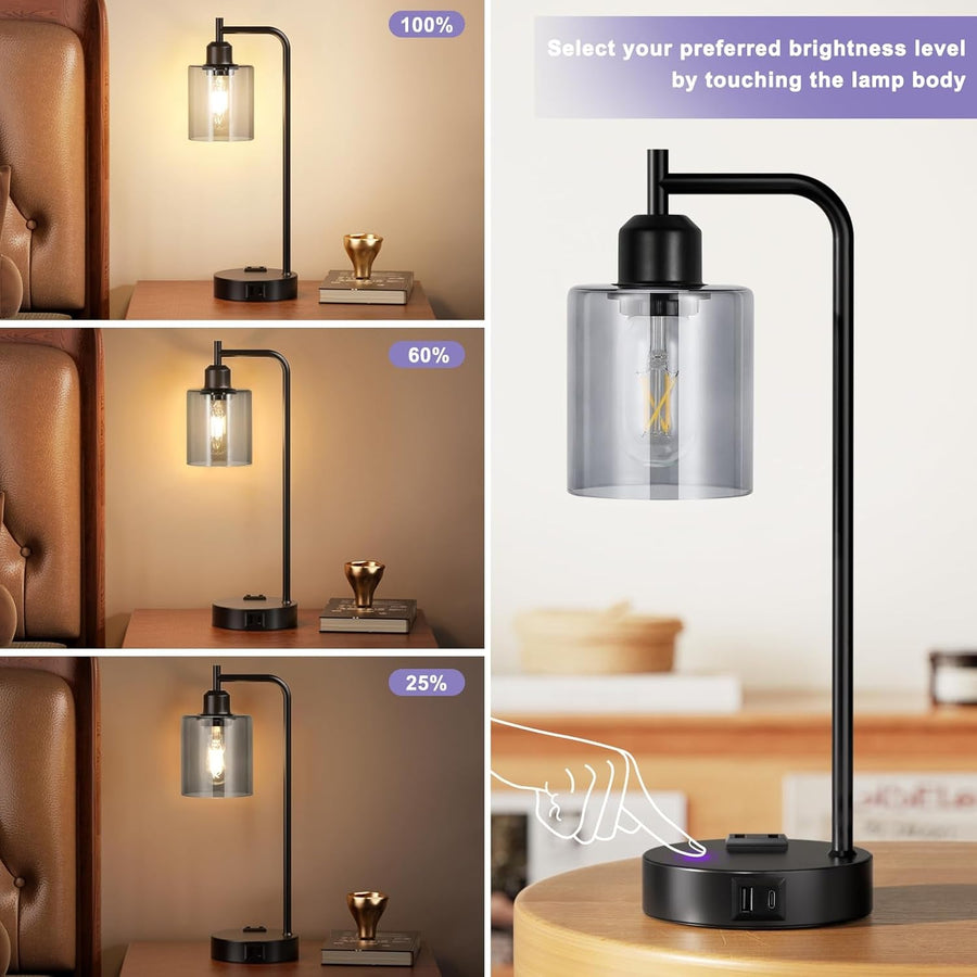 Gray Glass Table Lamps Set of 2 With USB, 3-Way Dimmable