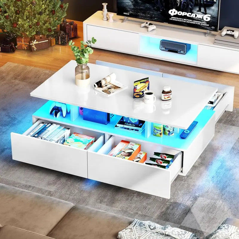 Modern LED Coffee Table with Sliding Drawers