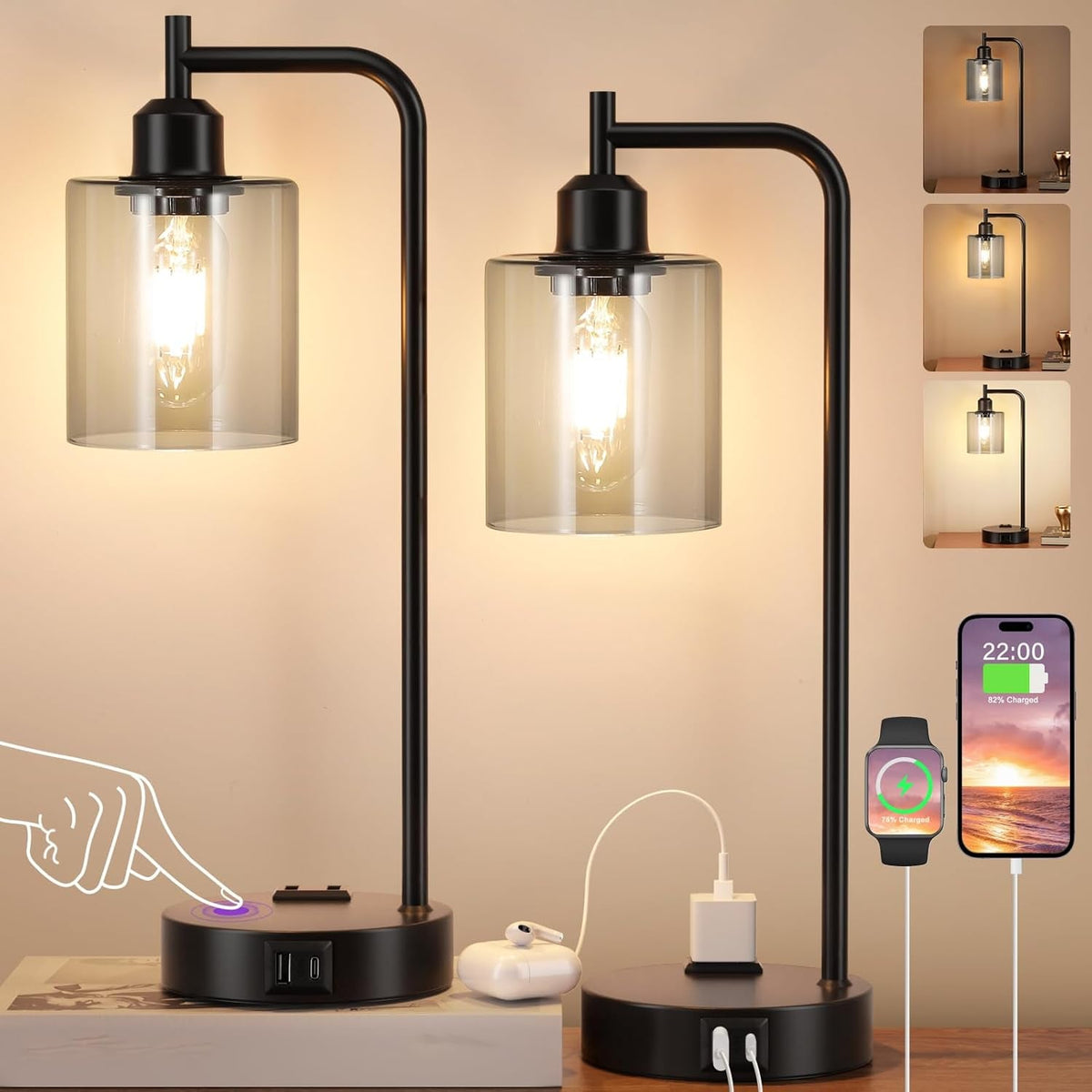 Gray Glass Table Lamps Set of 2 With USB, 3-Way Dimmable