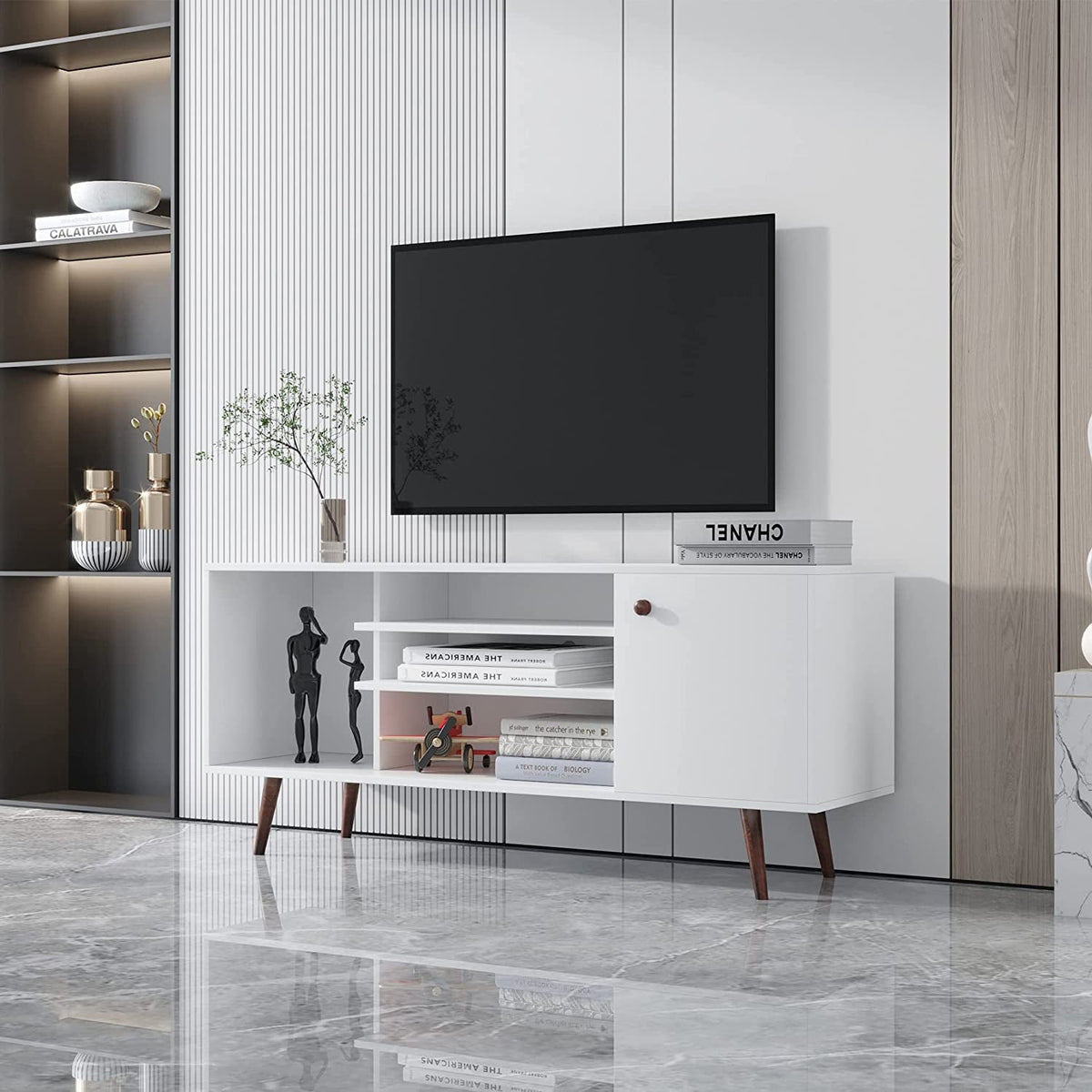 Farmhouse TV Stand 65 Inch With Enclosed Storage Cabinet