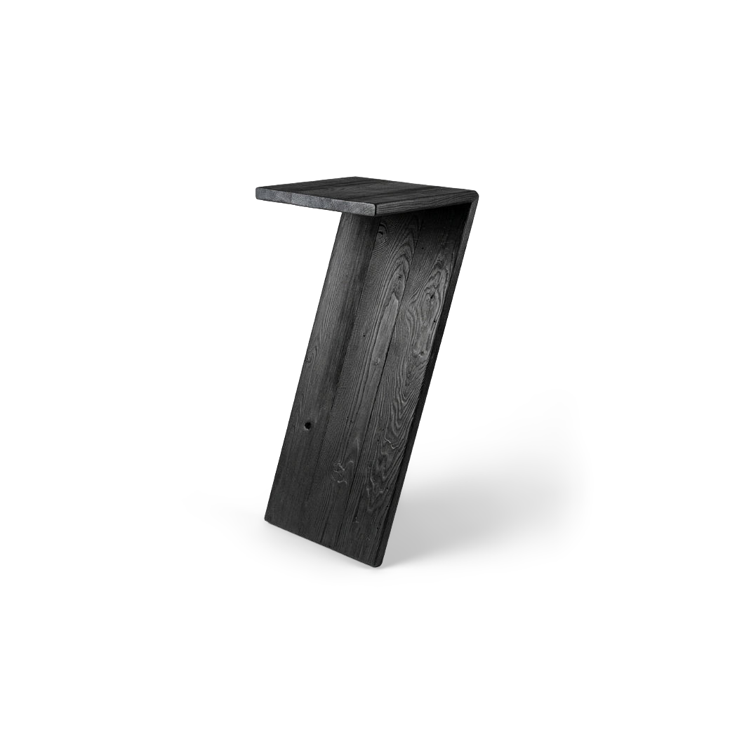 rustic reclaimed wood console table, torched black, leaning 7 profile with brass key rail (#f3f3f3 studio background)