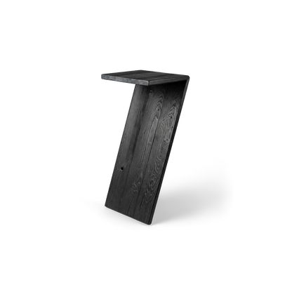 rustic reclaimed wood console table, torched black, leaning 7 profile with brass key rail (#f3f3f3 studio background)