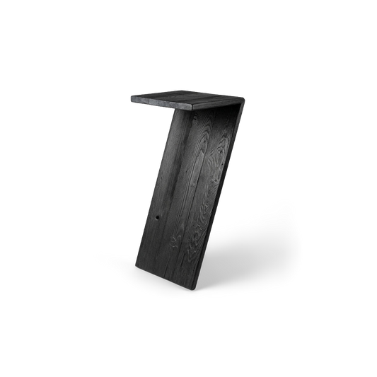 rustic reclaimed wood console table, torched black, leaning 7 profile with brass key rail (#f3f3f3 studio background)