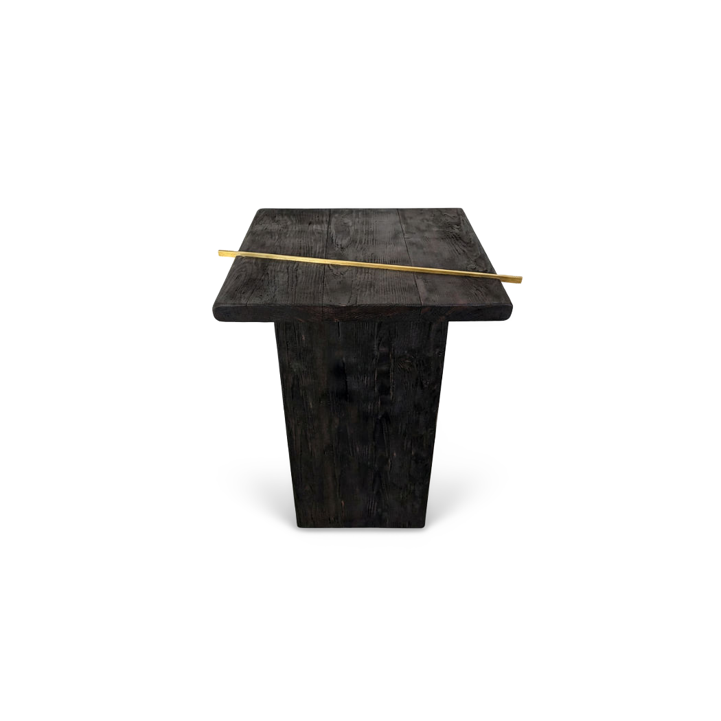 narrow reclaimed wood console table, front view, diagonal brass rod across the torched top (#f3f3f3 studio background)