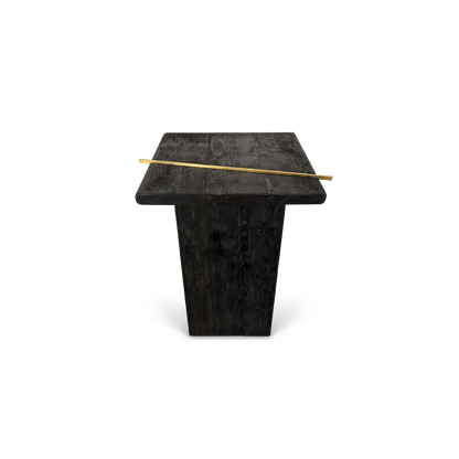 narrow reclaimed wood console table, front view, diagonal brass rod across the torched top (#f3f3f3 studio background)