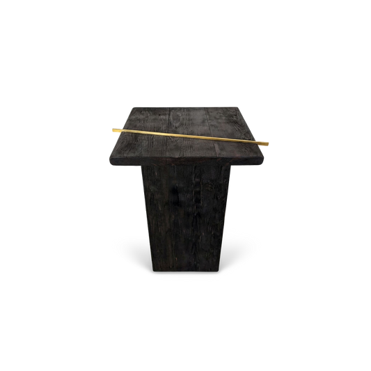 narrow reclaimed wood console table, front view, diagonal brass rod across the torched top (#f3f3f3 studio background)