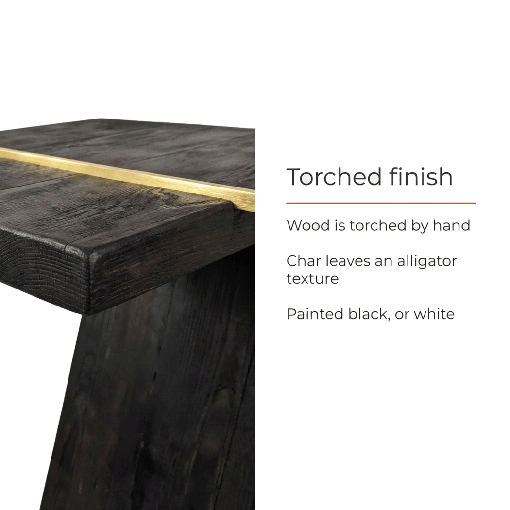 torched finish with alligator texture, painted black or white (feature callout)