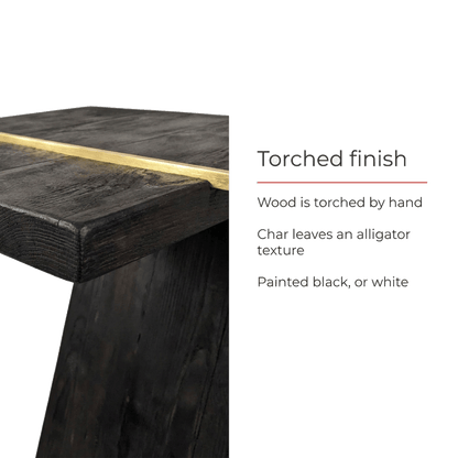 torched finish with alligator texture, painted black or white (feature callout)