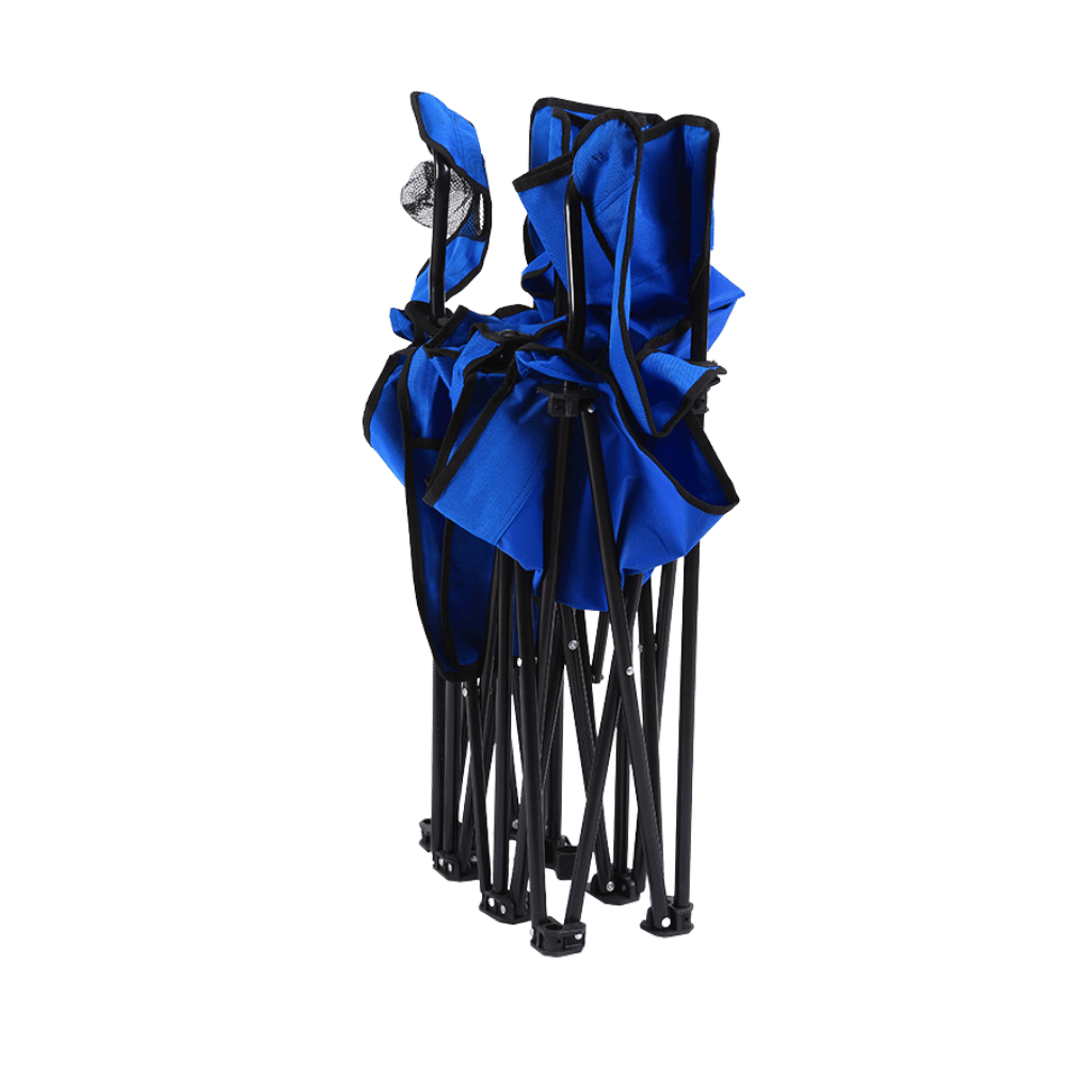 Two-person portable outdoor chair with removable sun umbrella for shaded outdoor gatherings.