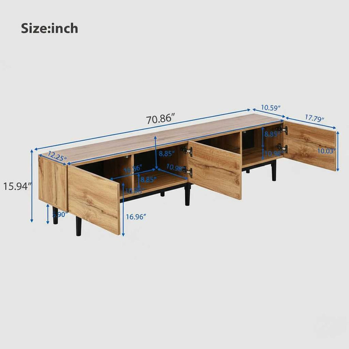 70.86-inch modern TV stand with 4 cabinets, open shelves, and cable slot; supports up to 80-inch TVs.