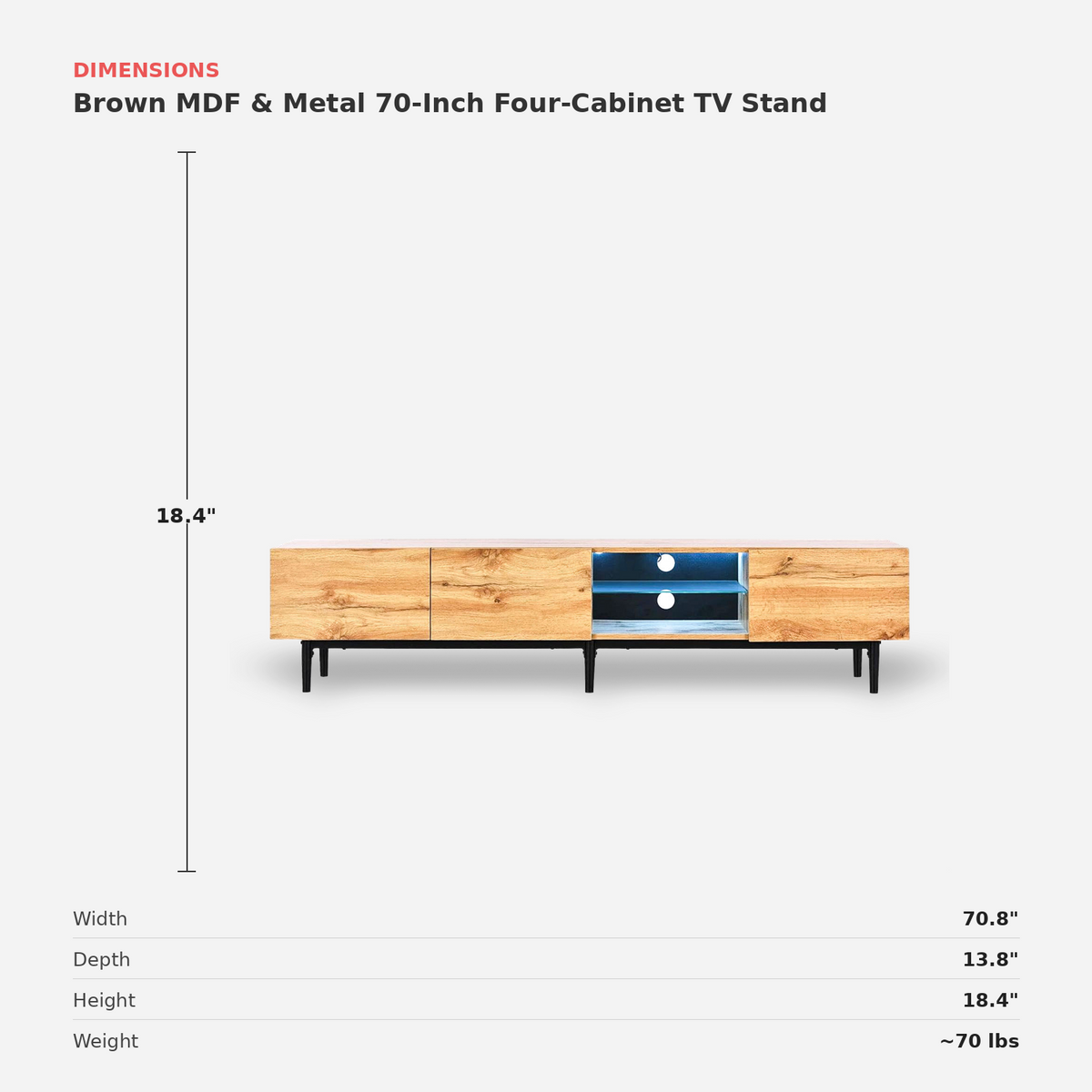 Brown MDF & Metal 70-Inch TV Stand dimensions (feature callout)