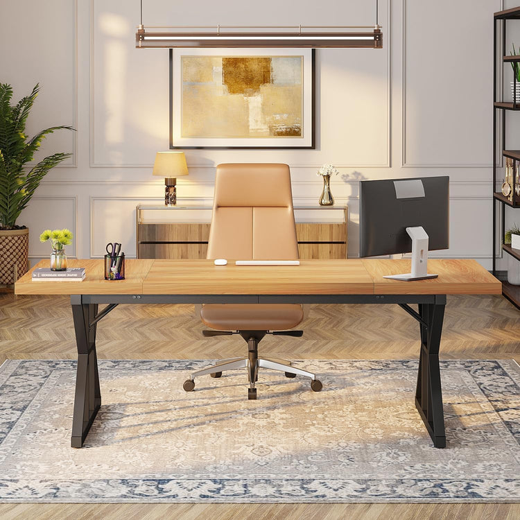 70.8-inch executive desk with a generous home office surface, beige chair, monitor, lamp, and plant.