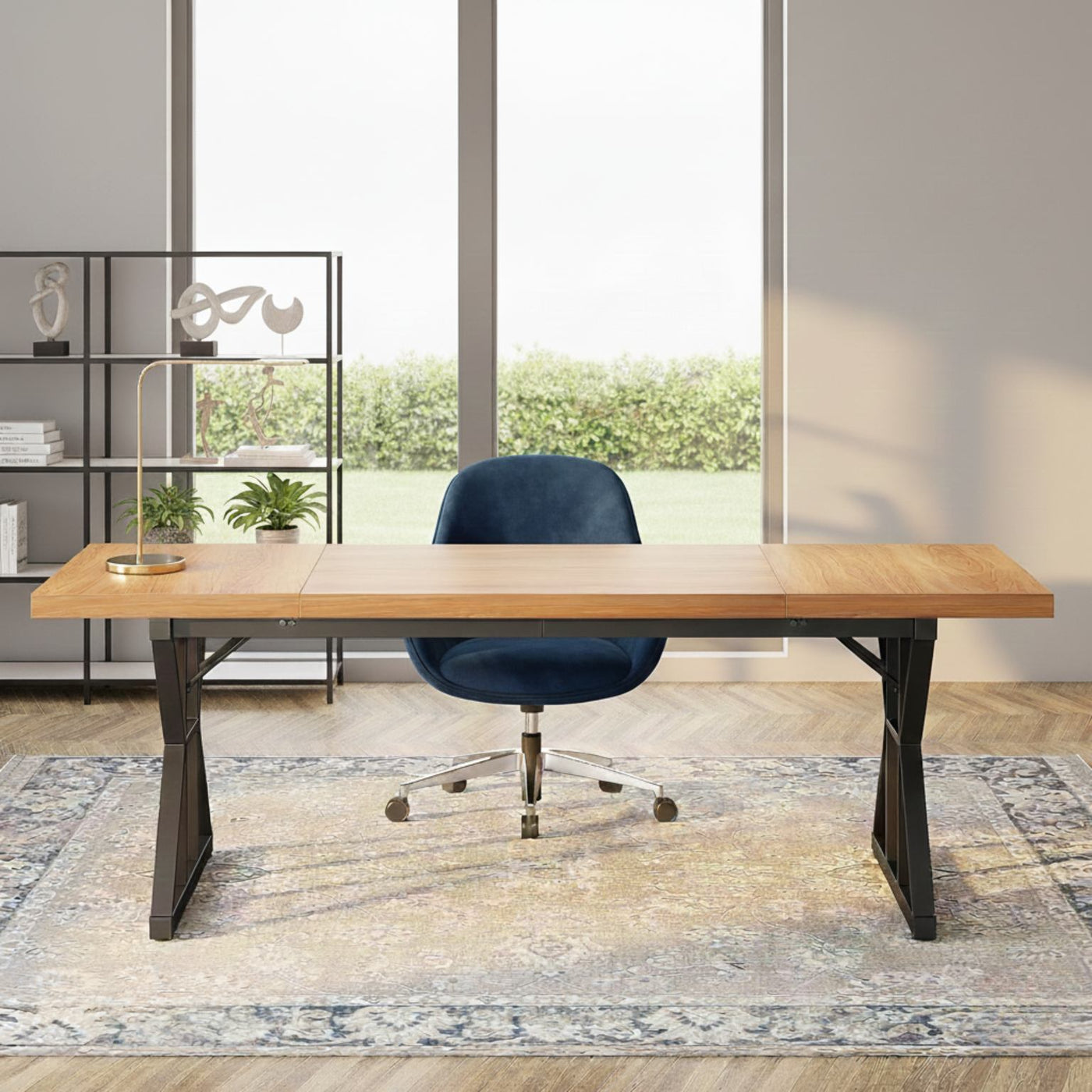 70.8-inch executive desk with a spacious wooden surface and black metal legs in a bright home office.