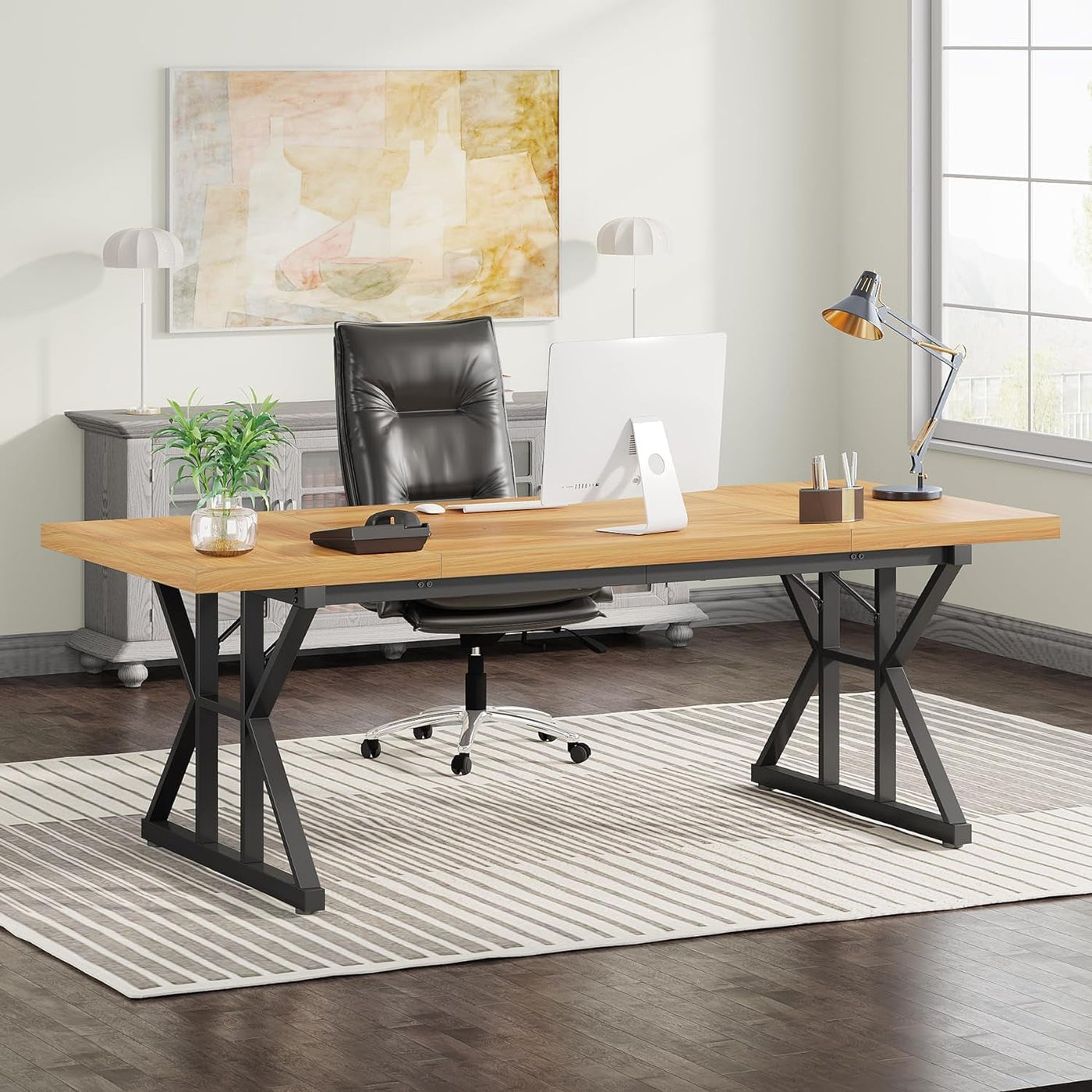 70.8-inch wooden desk with black X-frame legs in a modern home office.