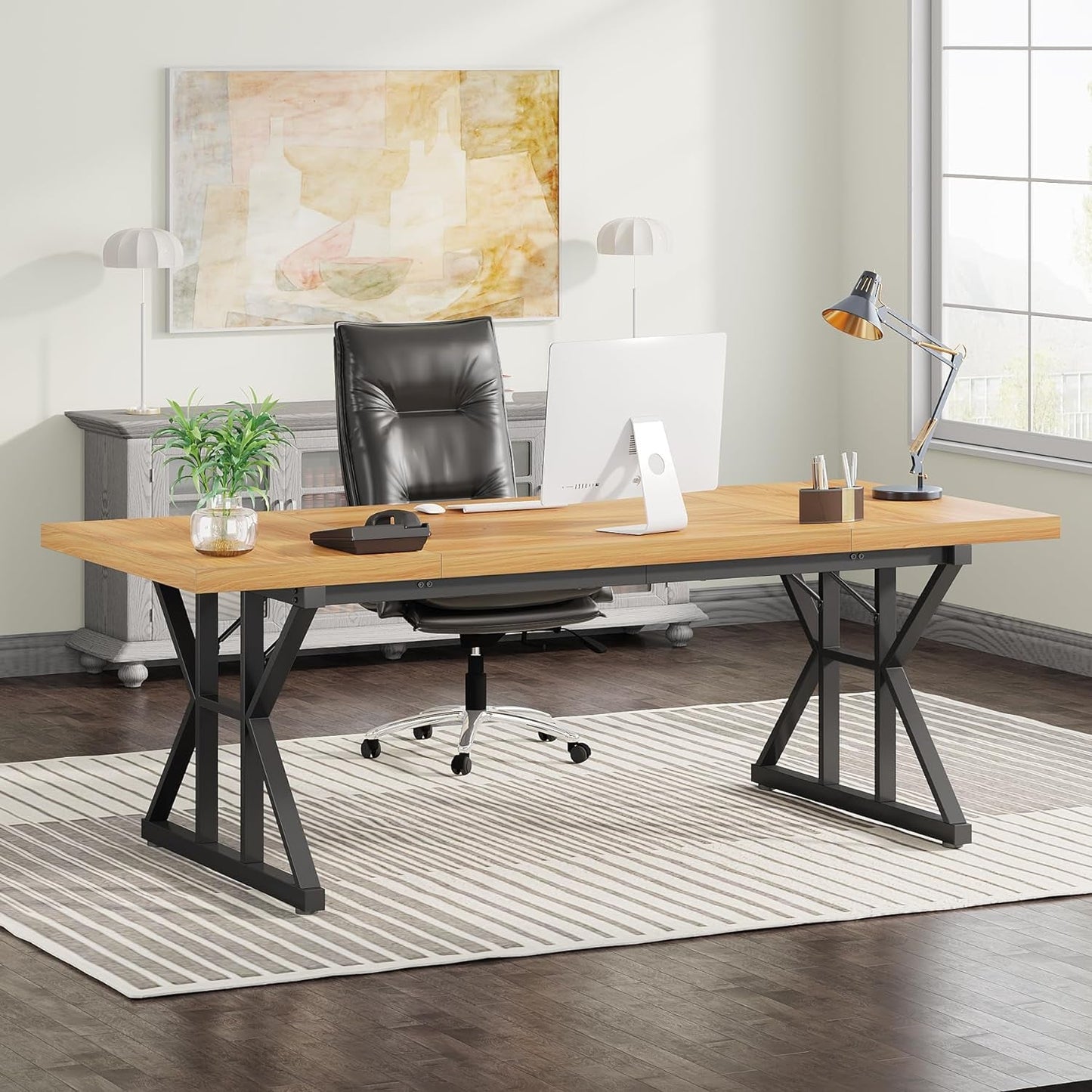 70.8-inch wooden desk with black X-frame legs in a modern home office.