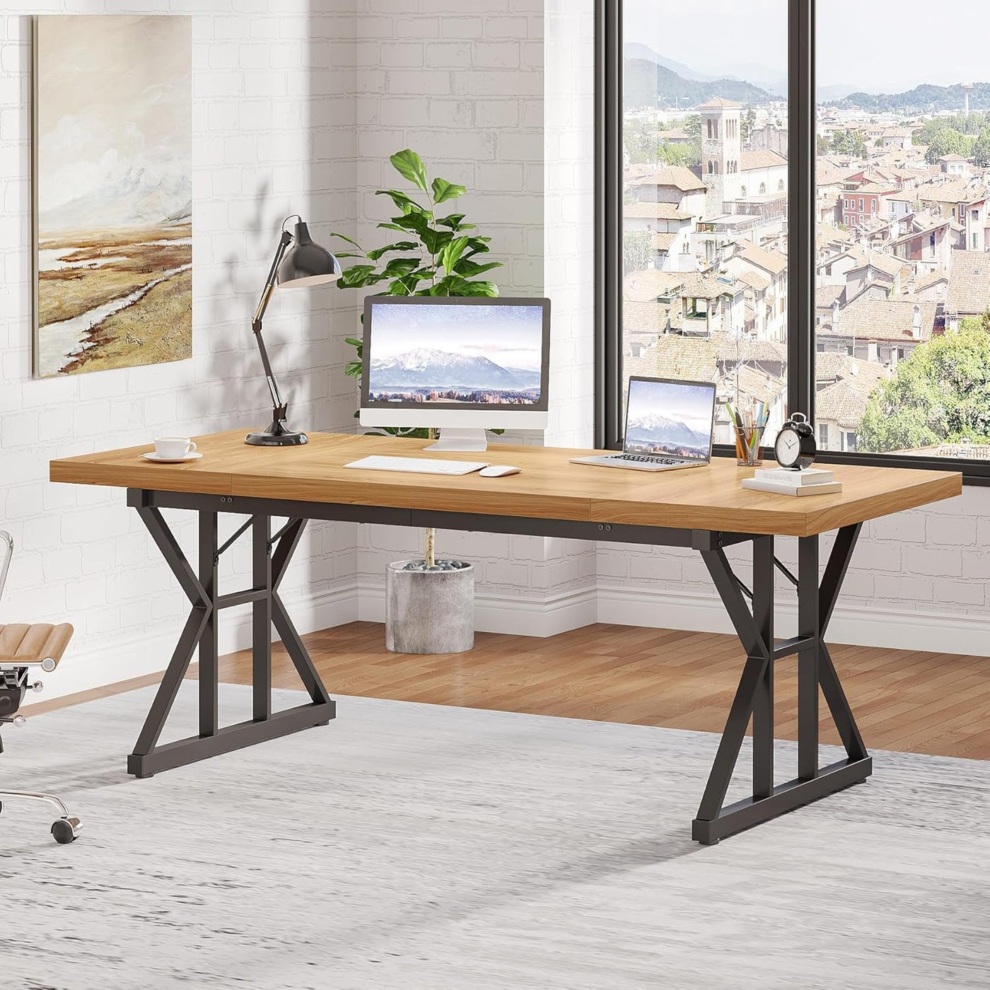 70.8-inch wooden executive desk with black metal X-frame legs in a bright home office, featuring a desktop computer and laptop.
