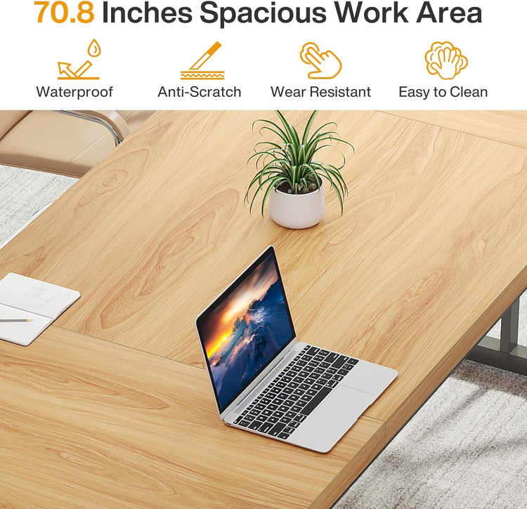 70.8-inch wooden executive desk with laptop, plant, and notebook in a spacious home office.