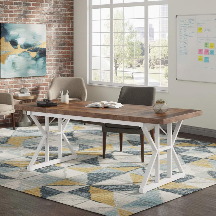 70.8 inch executive desk with two-tone brown wood top and white base in a modern office setting