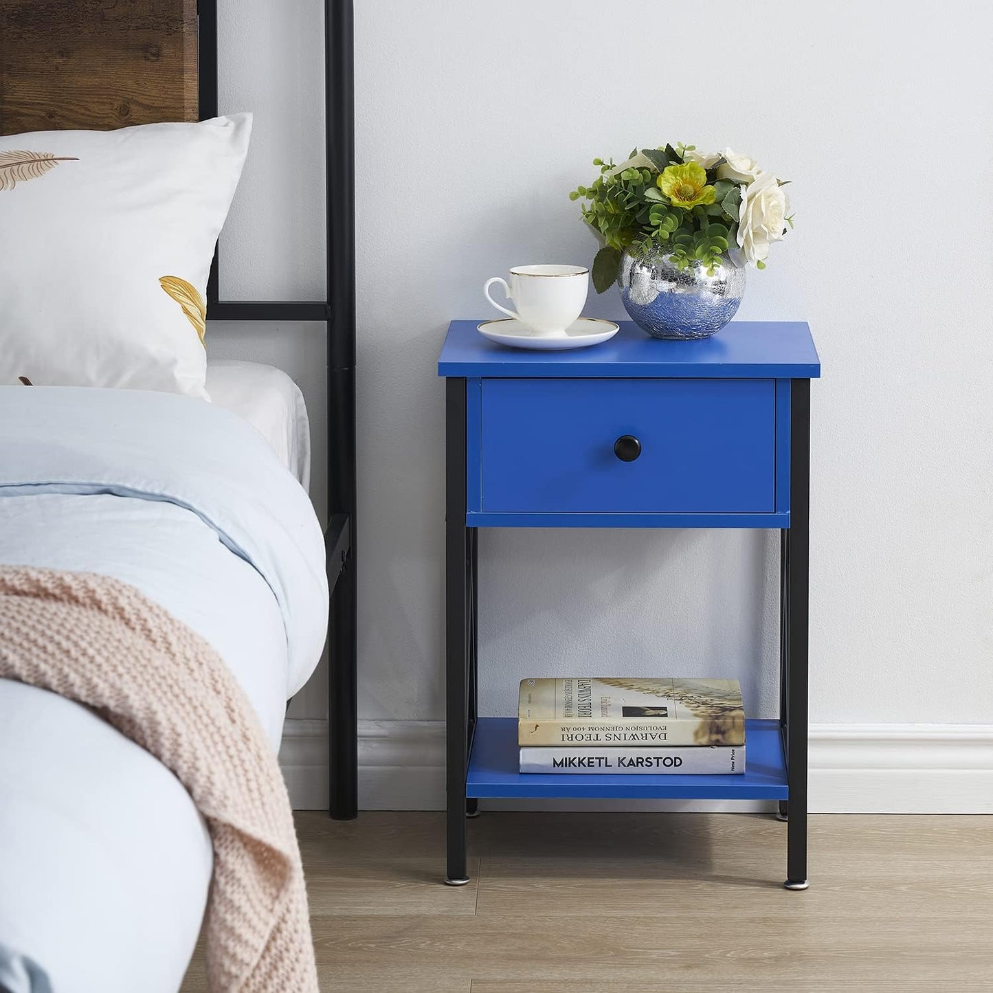 2-Piece X-Design Nightstand | Dark Blue | Drawer & Shelf