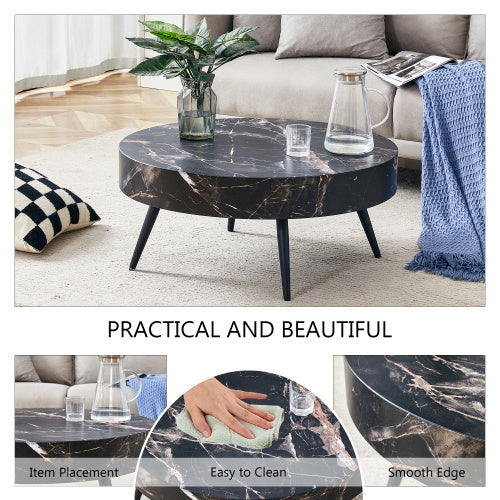 Round Marble Top Cocktail Table, 31.5 Inch Black Finish