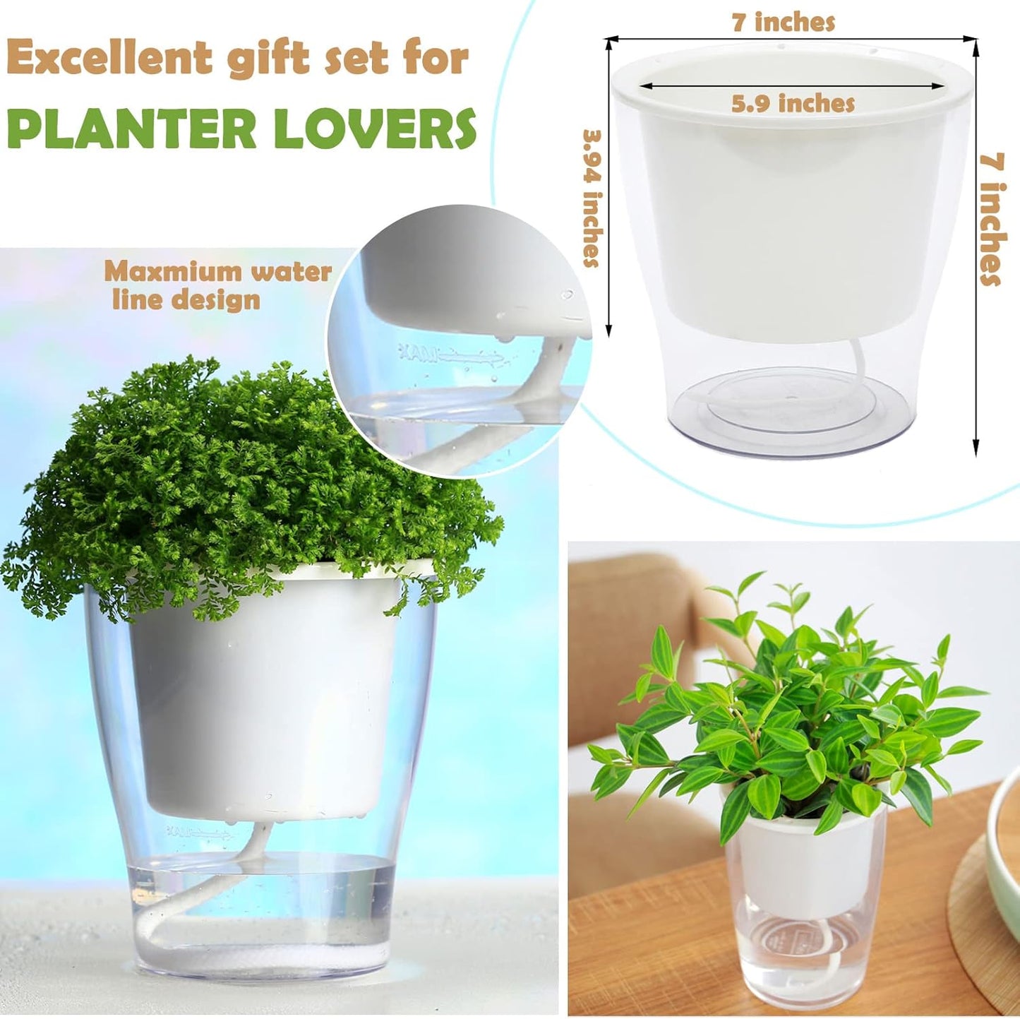 3 Packs 7" Large Clear Self-Watering Planters African Violet Pots Plastic Plant Pots Wicking Flower Pots for Indoor Plants, Herbs, African Violet, Ocean Spider Plant, Orchid Pot, Clear and White