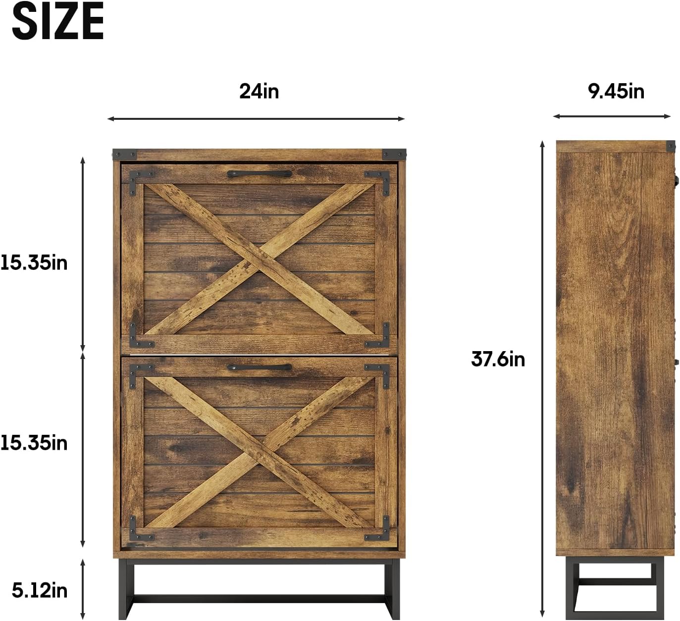 24" W Farmhouse Shoe Cabinet Storage for Entryway, Freestanding Organizer with 2 Flip Drawers, Narrow Shoe Rack Cabinet with Metal Corner Decoration, Rustic Brown