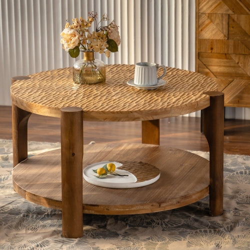 Round solid wood coffee table styled in a living room