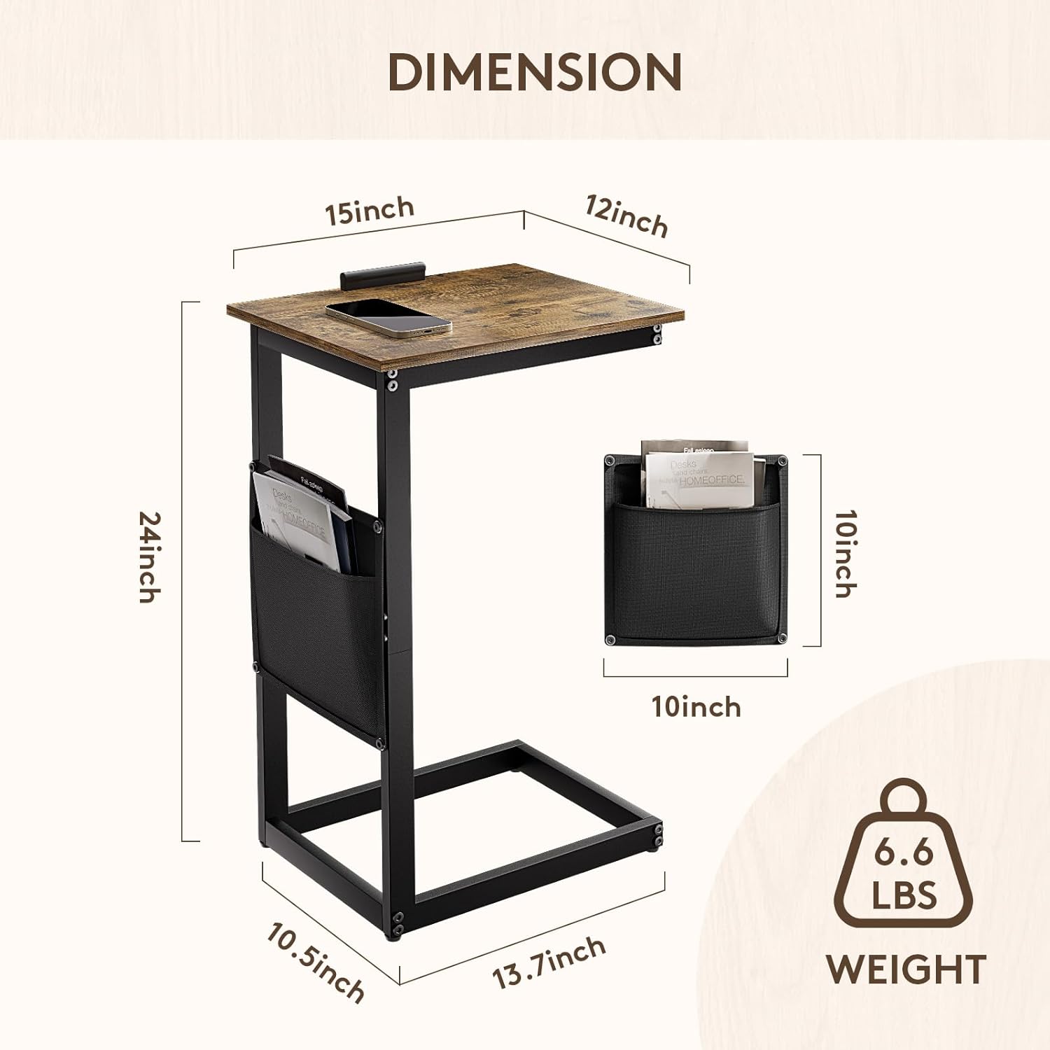 Space-Saving C Table with Adjustable Top and Storage