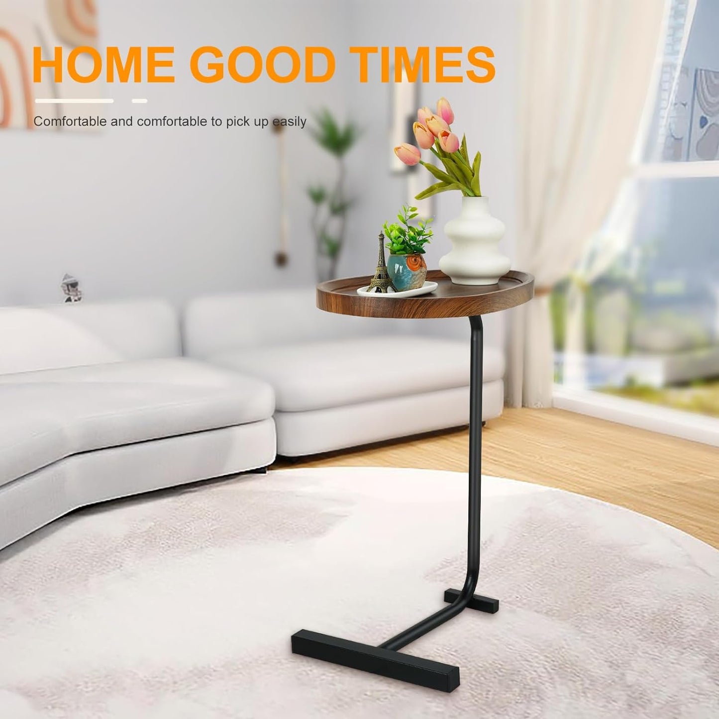 C Shaped Side Table, 23.6 Inches Small End Table, Modern Couch Tables That Slide Under, Perfect for Living Room, Bedroom