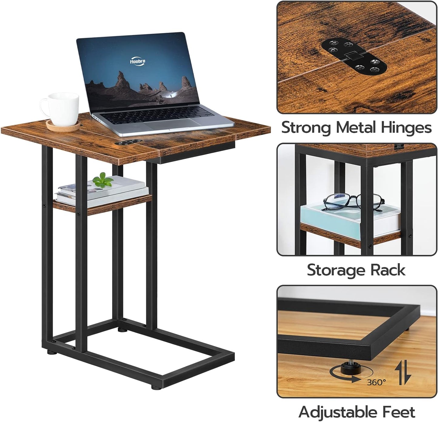 Foldable End Table, C Shaped Side Table with Storage Shelf, Small Snack Table Suitable for Living Room Bedroom Small Spaces, Easy Assembly, Rustic Brown BF29SF01