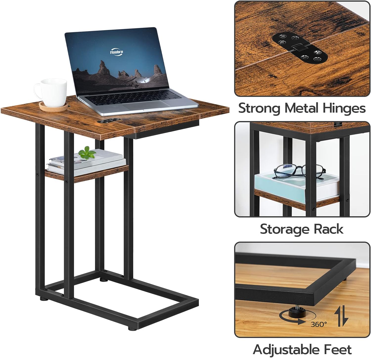 Foldable End Table, C Shaped Side Table with Storage Shelf, Small Snack Table Suitable for Living Room Bedroom Small Spaces, Easy Assembly, Rustic Brown BF29SF01