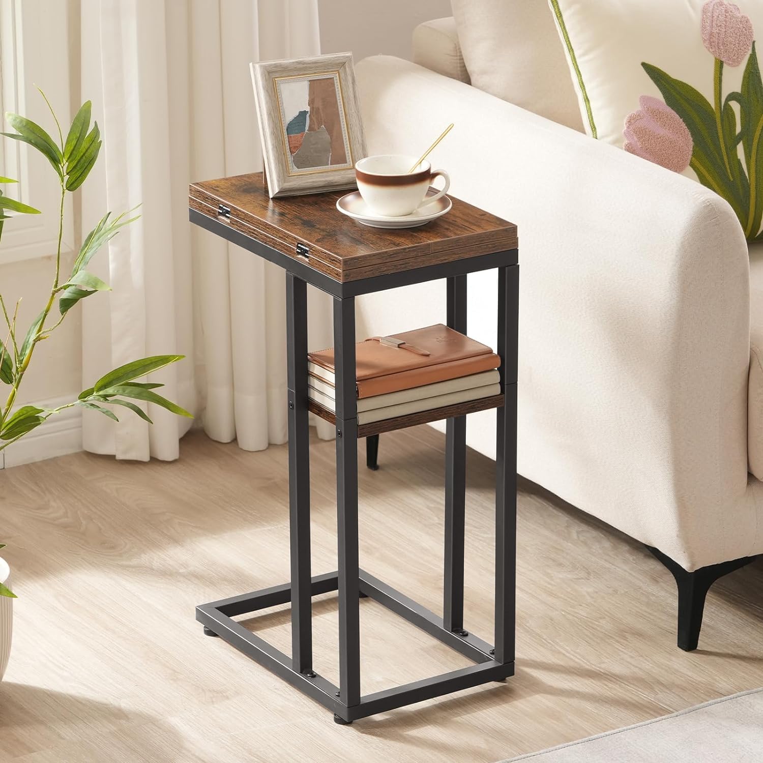 Foldable End Table, C Shaped Side Table with Storage Shelf, Small Snack Table Suitable for Living Room Bedroom Small Spaces, Easy Assembly, Rustic Brown BF29SF01