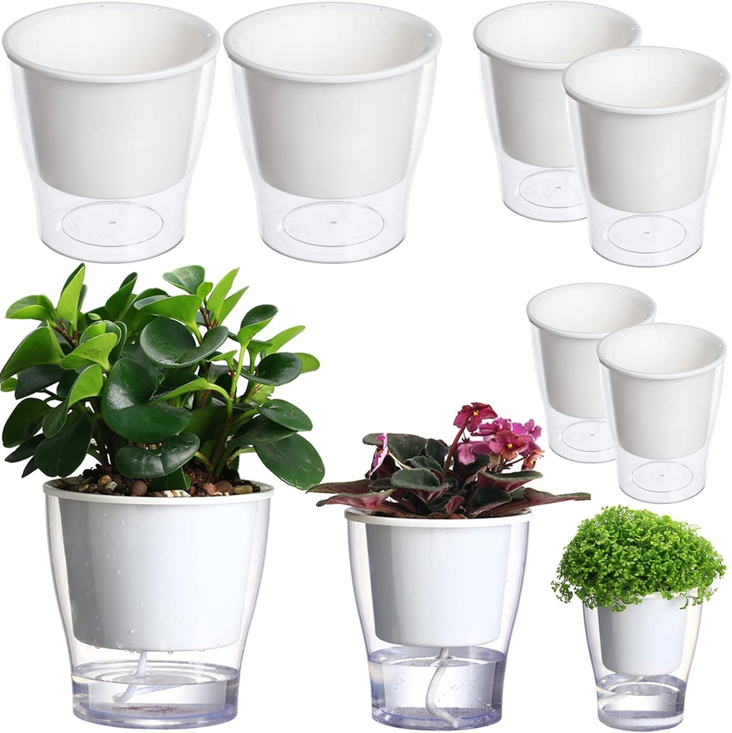 3 Packs 7" Large Clear Self-Watering Planters African Violet Pots Plastic Plant Pots Wicking Flower Pots for Indoor Plants, Herbs, African Violet, Ocean Spider Plant, Orchid Pot, Clear and White