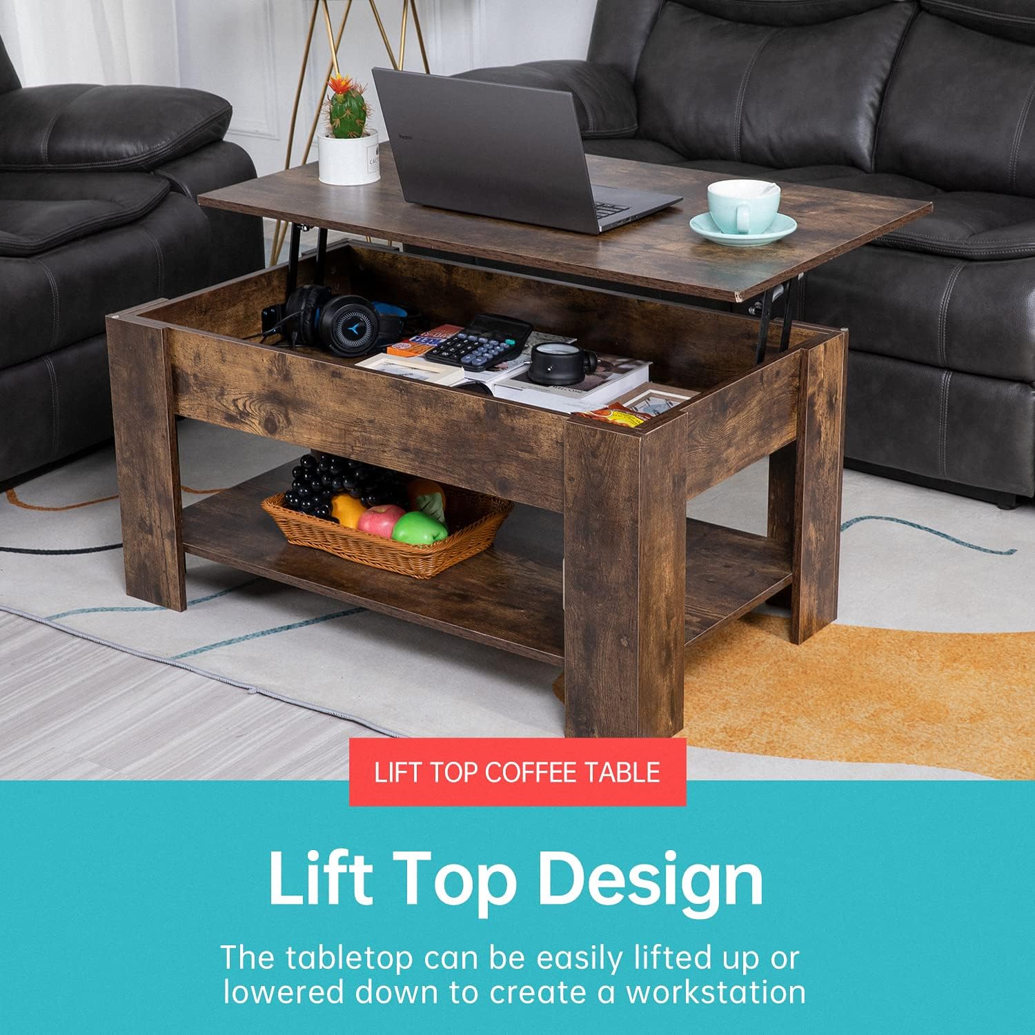 Lift-Top Coffee Table with Hidden Compartment and Storage