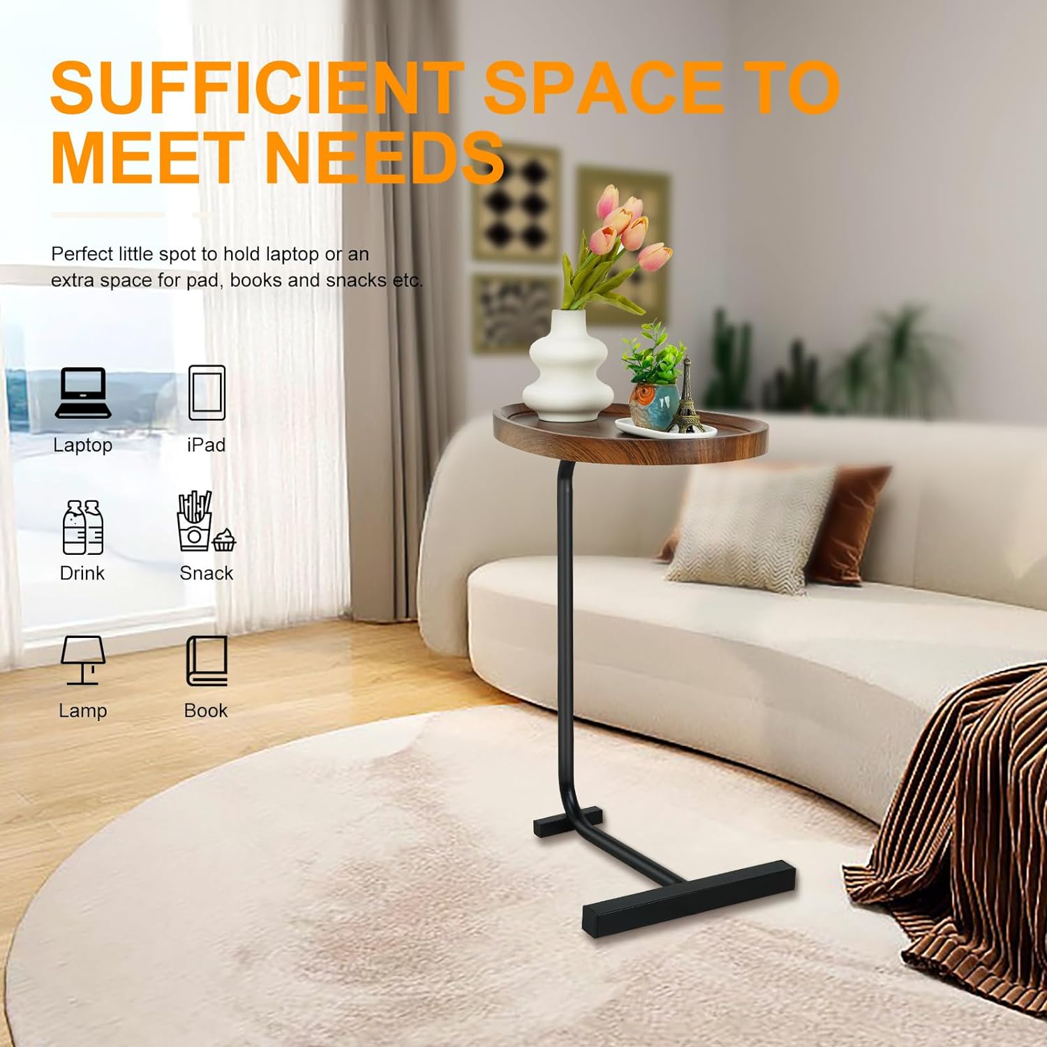 C Shaped Side Table, 23.6 Inches Small End Table, Modern Couch Tables That Slide Under, Perfect for Living Room, Bedroom