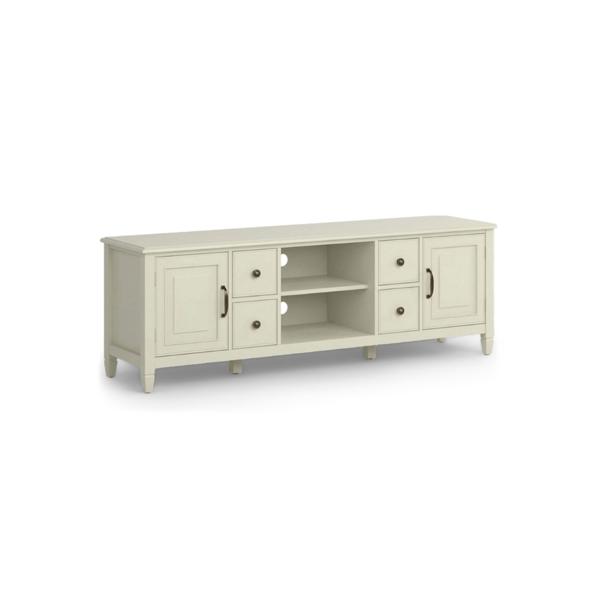 Antique white 72 inch tv stand wood console seen at an angle, drawers with bronze knobs beside two doors