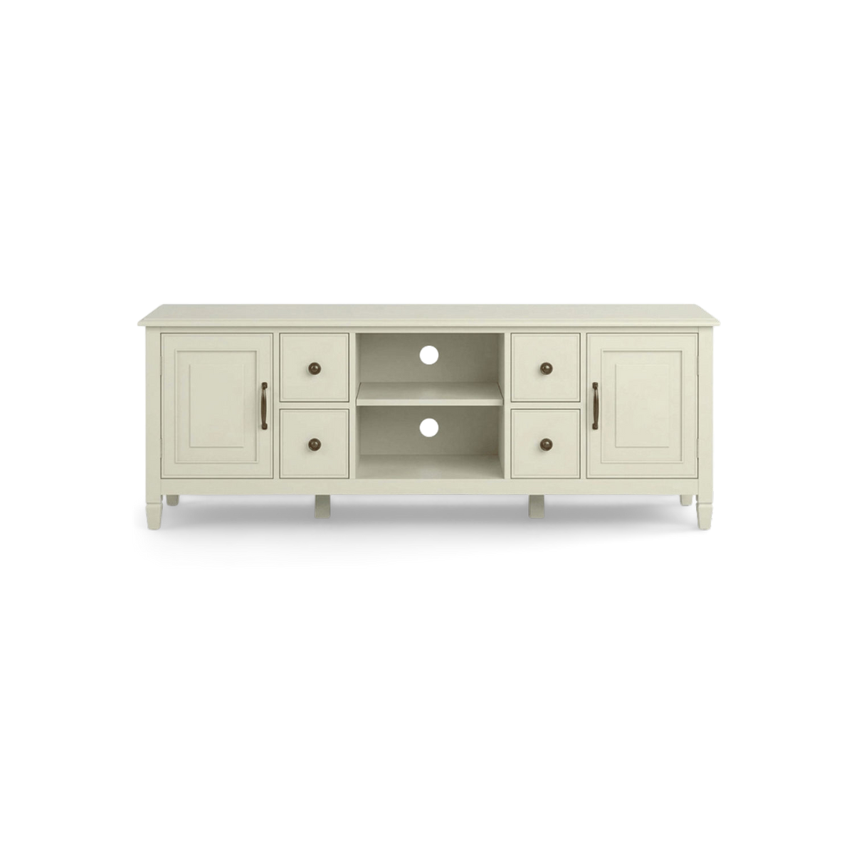72 inch tv stand in antique white solid wood with two raised-panel doors, four drawers and a central open bay, front view