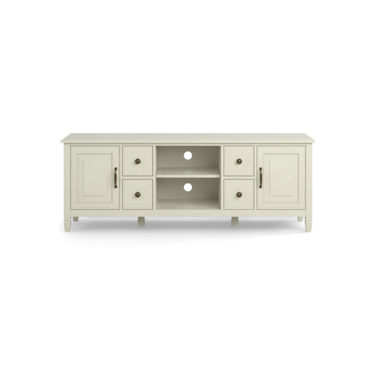 72 inch tv stand in antique white solid wood with two raised-panel doors, four drawers and a central open bay, front view