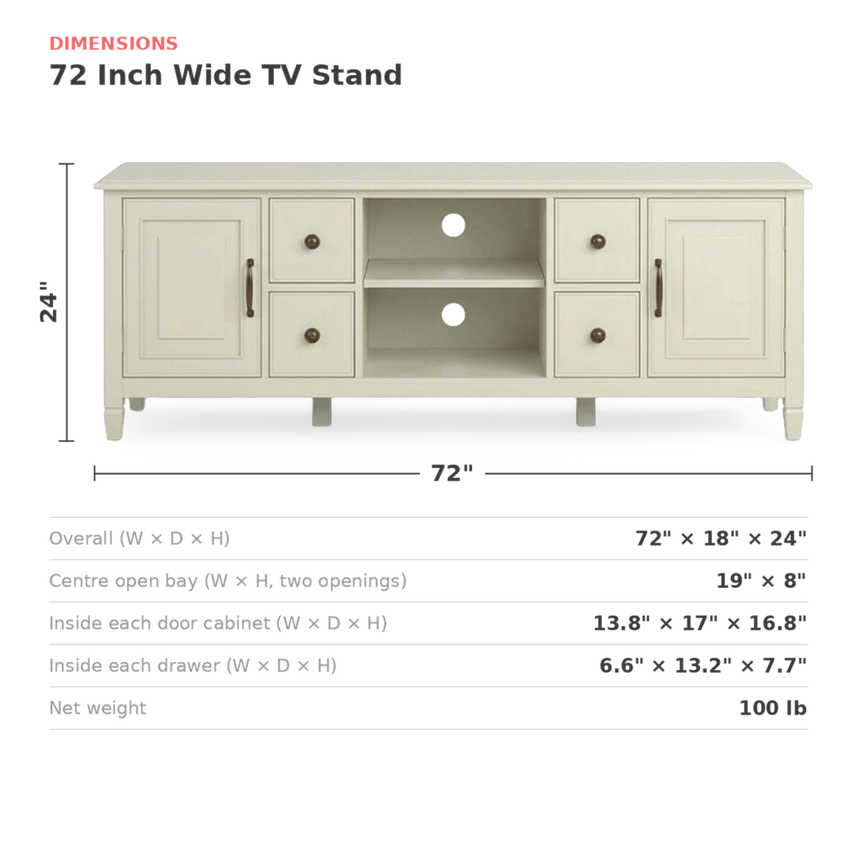 White tv stand with width, depth, height and compartment measurements marked (dimensions)