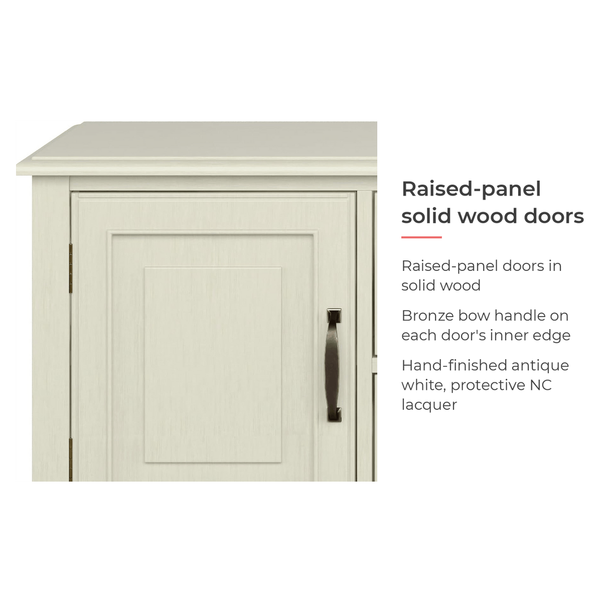 Raised-panel solid wood doors feature card for the white tv stand (feature callout)