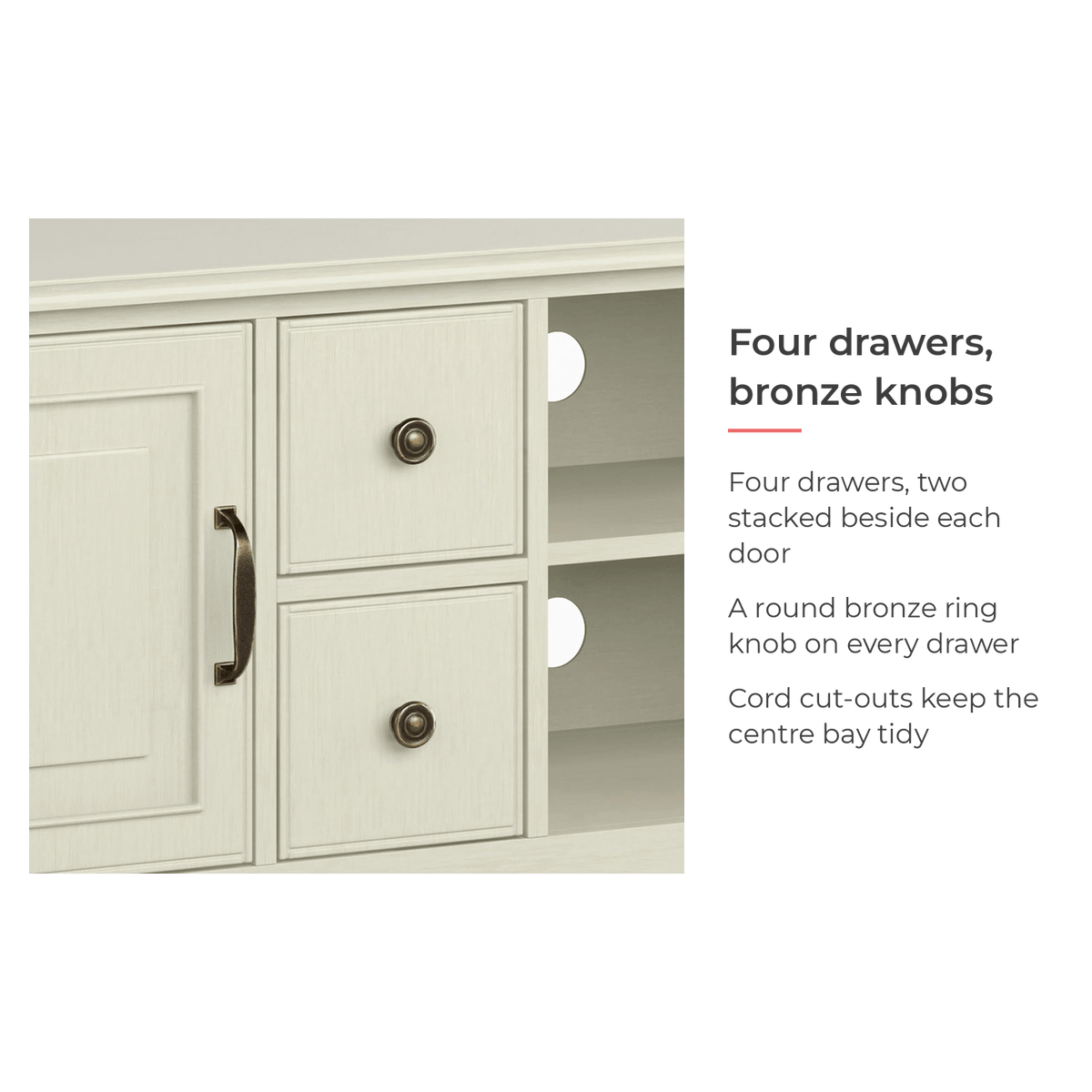 Four drawers with bronze knobs feature card for the white tv stand (feature callout)