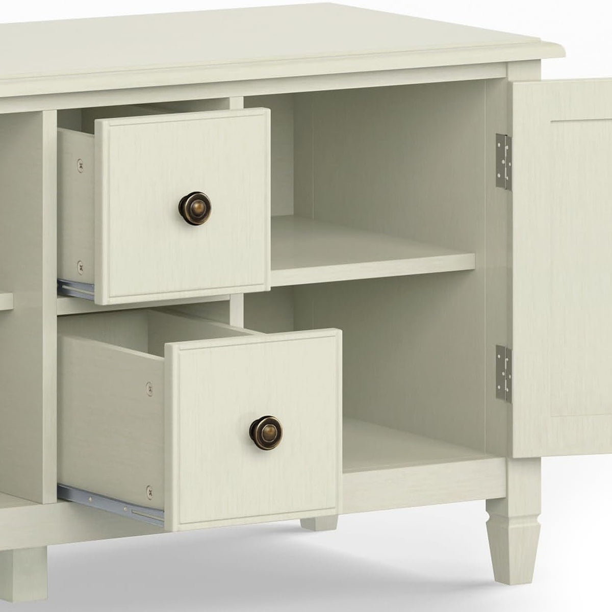 Drawers pulled open beside a side cabinet with an adjustable shelf (close-up detail)