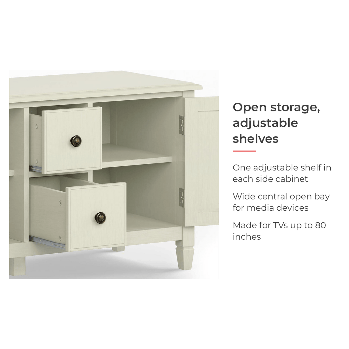 Open storage and adjustable shelves feature card for the white tv stand (feature callout)