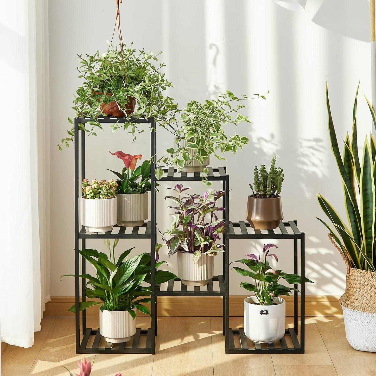 Plant Stand Indoor Plant Stands Bamboo Outdoor Tiered Plant Shelf for Multiple Plants, 3 Tiers 7 Potted Ladder Plant Holder Table Plant Pot Stand for Window Garden Balcony Living Room Corner (Black)