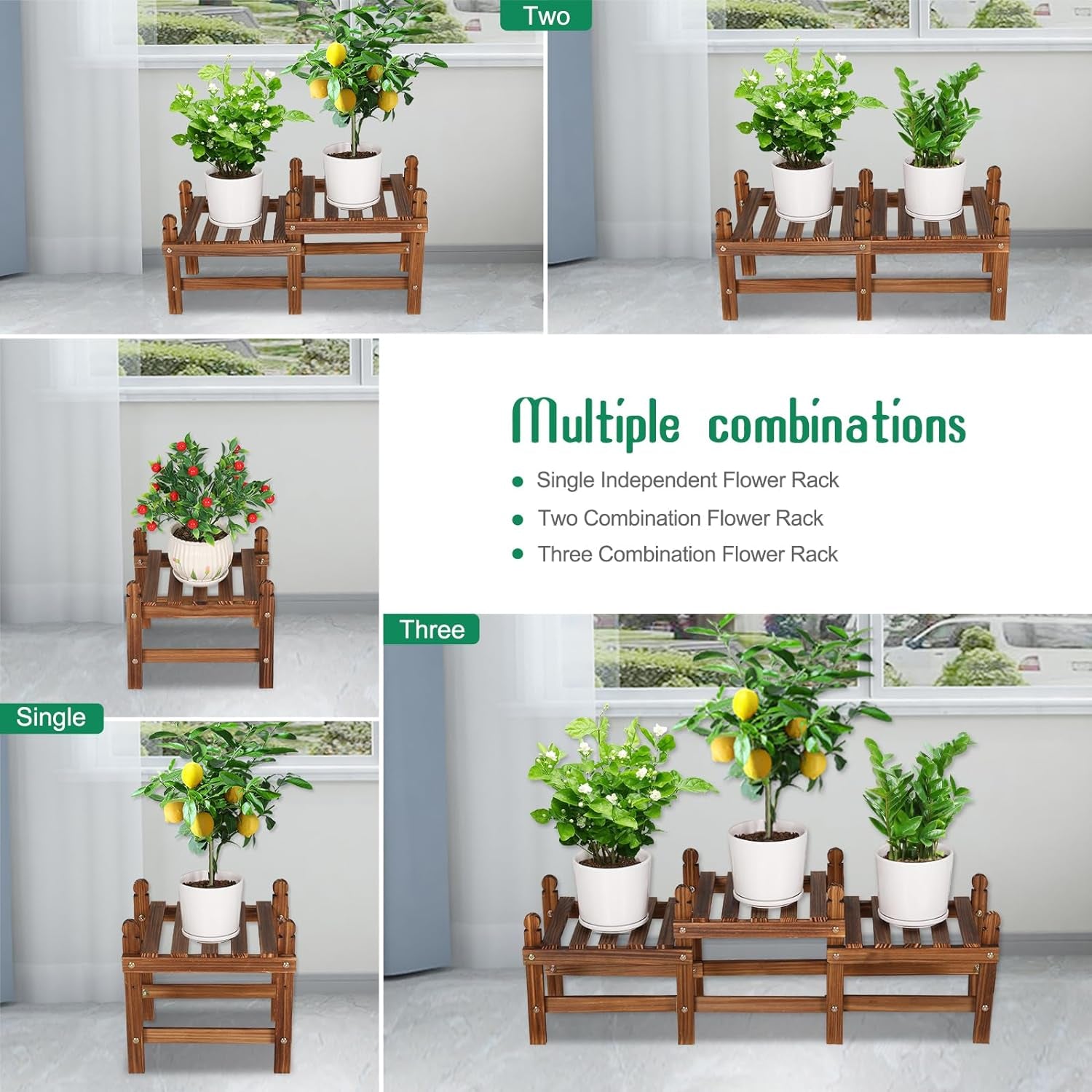 Wood Flower Stand Small Plant Stand Indoor Outdoor Plant Shelf Low Window Shelf for Plants Windowsill Plant Rack for Patio Balcony Hallway Garden (45.5”Long,Multiple Combination Way,4 Tiers)